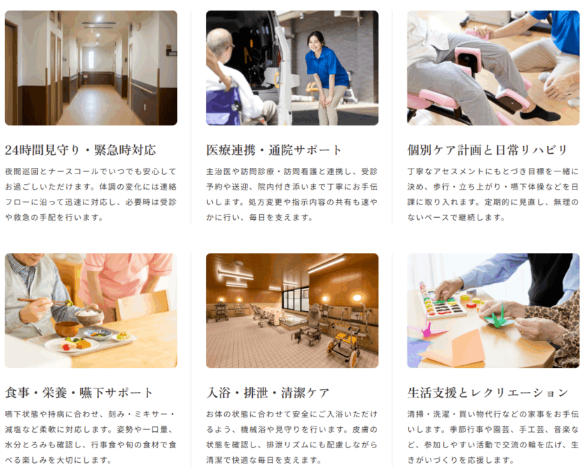 生活・支援：ケア内容／生活サポート／医療支援体制